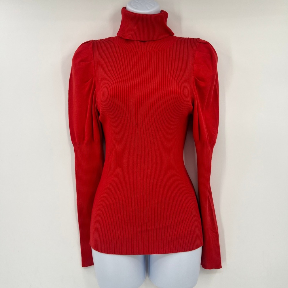 By Anthropologie Cecilia Red Ribbed Turtleneck Puff Sleeve Sweater Slim Fit